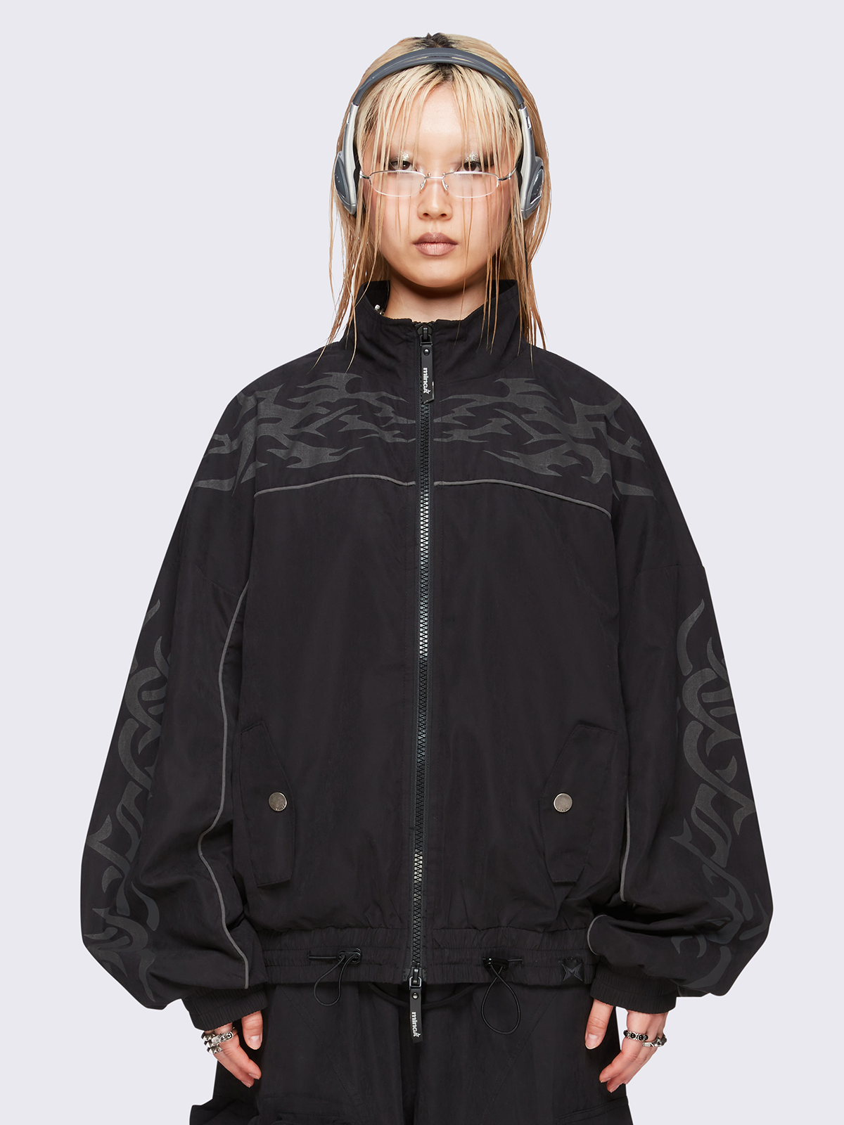 Black Windbreaker Jacket with Tribal Sigilism Print | Minga London