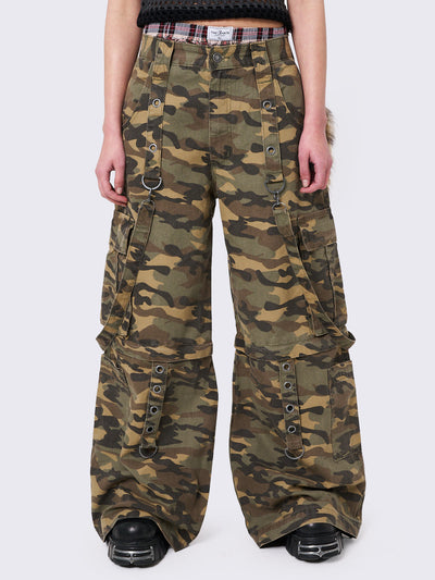 Multi Pocket Wide Leg Cargo Pants in Camo with Straps and Detachable Legs