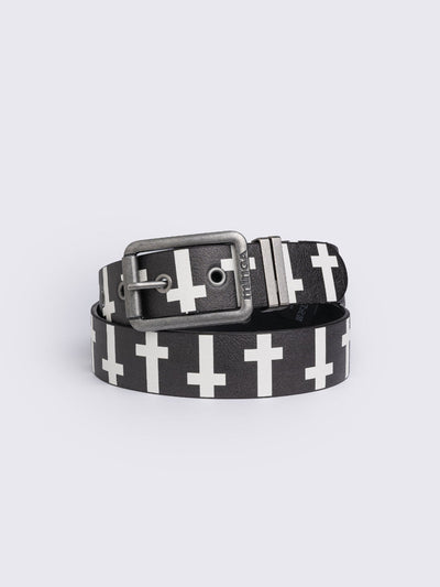 Black vegan leather belt with white crosses print