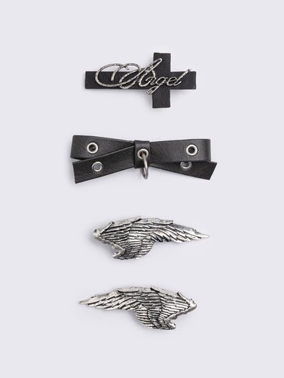 Set of 4 hair clips: Wings, eyelet bow and angel cross