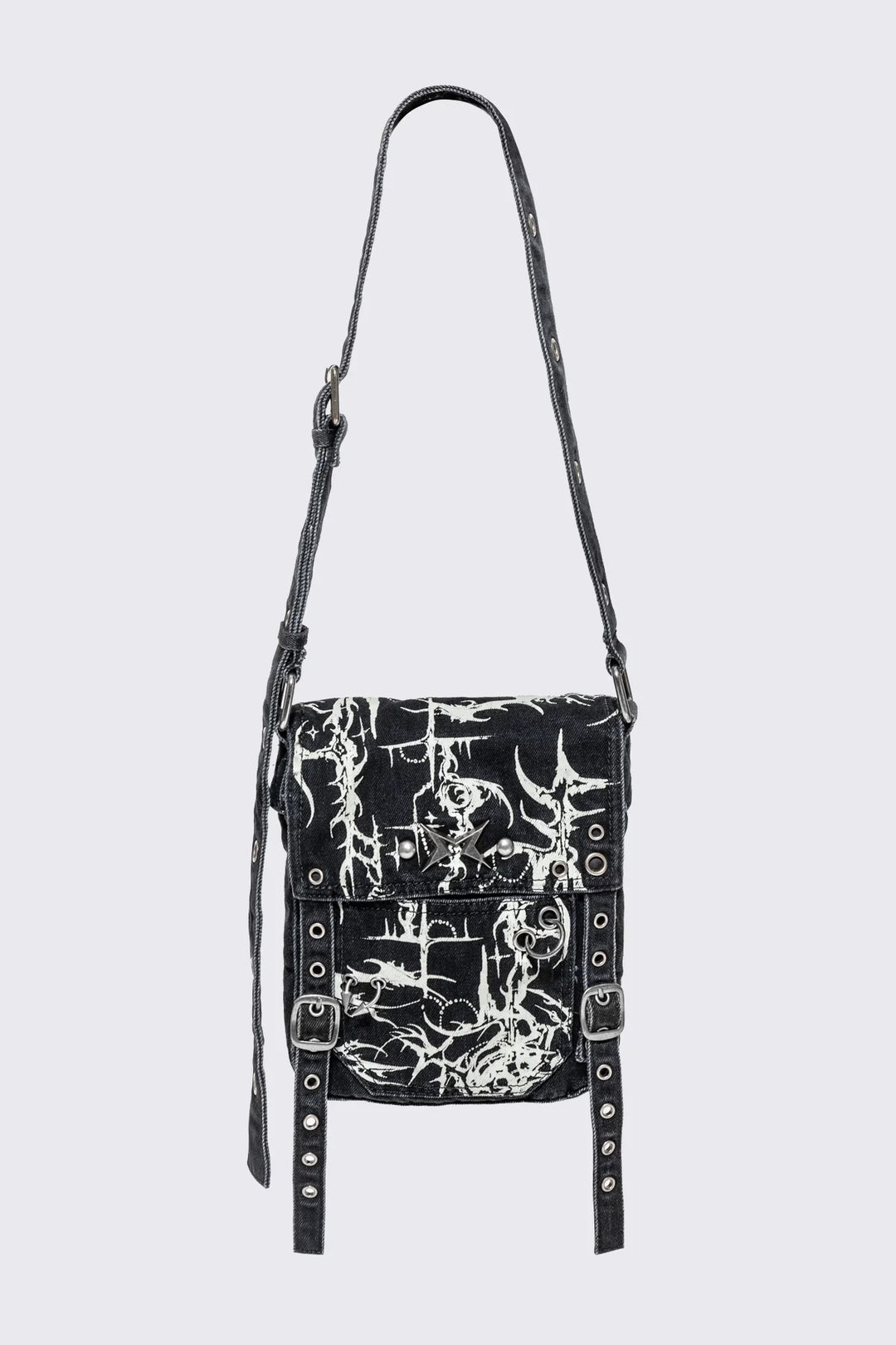 Black Denim Mini Messenger Bag With White Cyber Sigils | Minga London