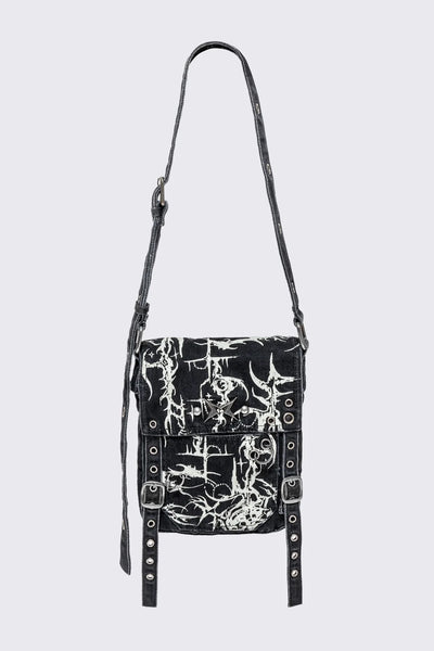 Black Denim Mini Messenger Bag With White Cyber Sigils | Minga