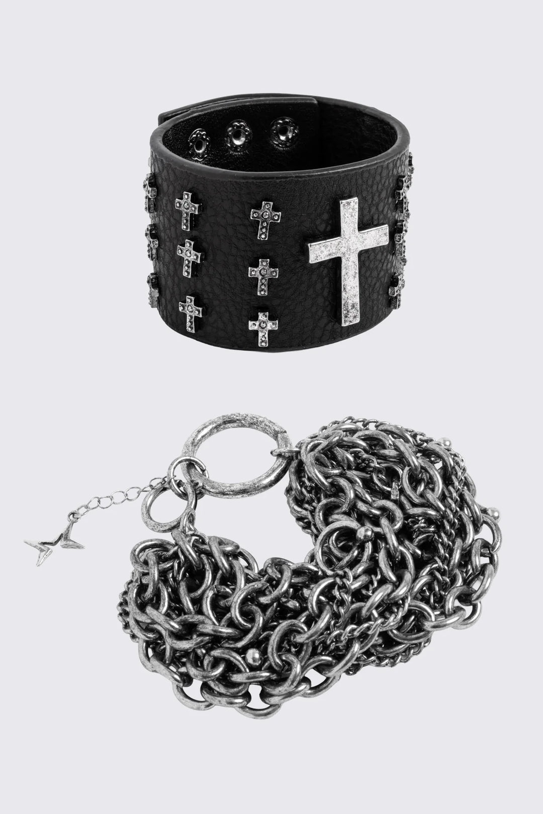 Black Faux Leather Bracelet Set with Crosses and Chains | Minga London