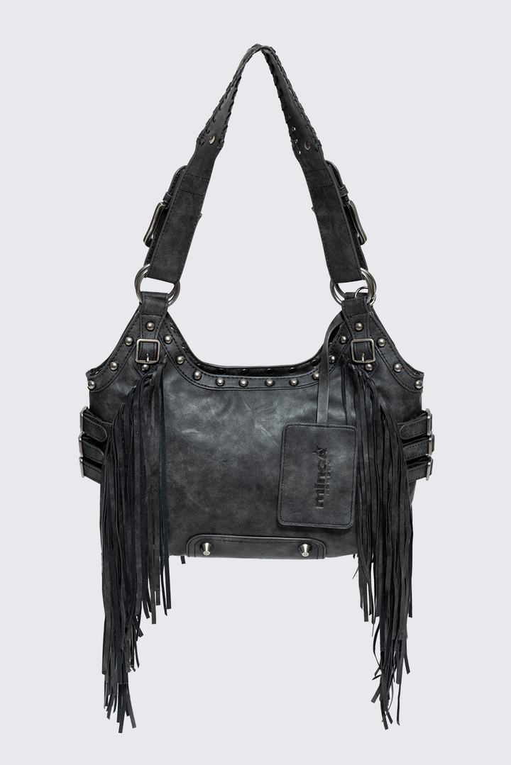 Black Faux Leather Fringe Shoulder Bag | Minga London