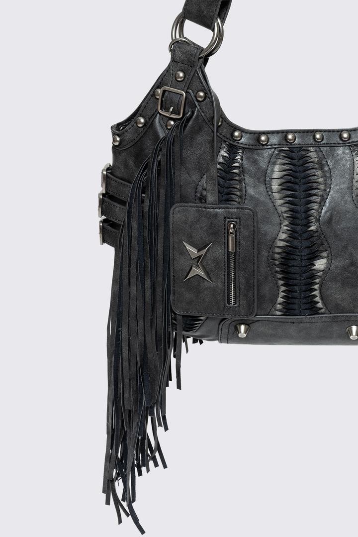 Black Faux Leather Fringe Shoulder Bag | Minga London