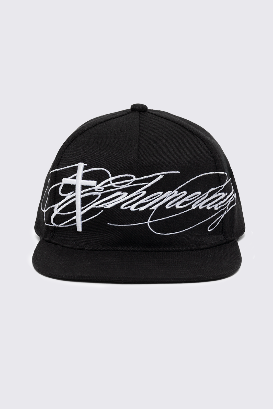Black cotton flat brim cap with Ephemeral cross embroidery, grunge streetwear vibe.