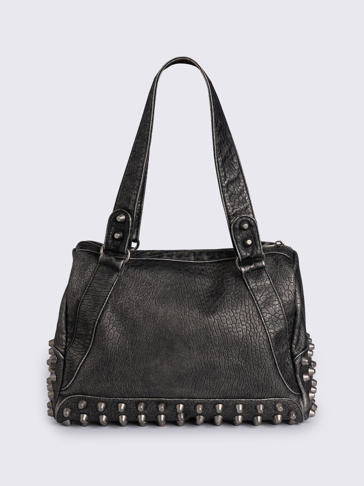Black faux leather shoulder bag featuring stud and metal hardware details.