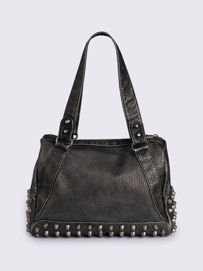 Black faux leather shoulder bag featuring stud and metal hardware details.