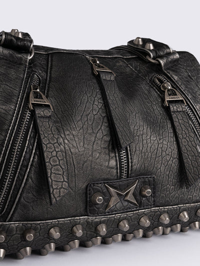 Black faux leather shoulder bag featuring stud and metal hardware details.