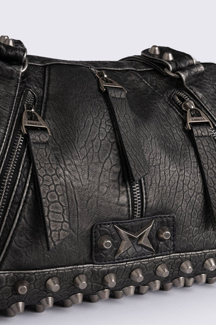 Black Vegan Leather Shoulder Bag with Spike Studs | Minga London