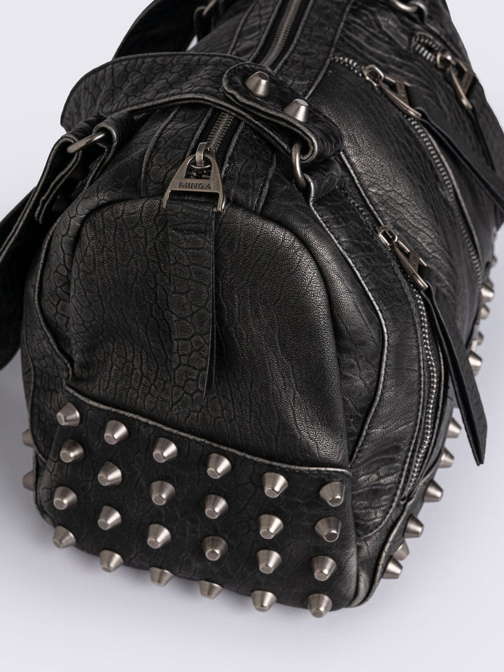 Black Vegan Leather Shoulder Bag with Spike Studs | Minga London