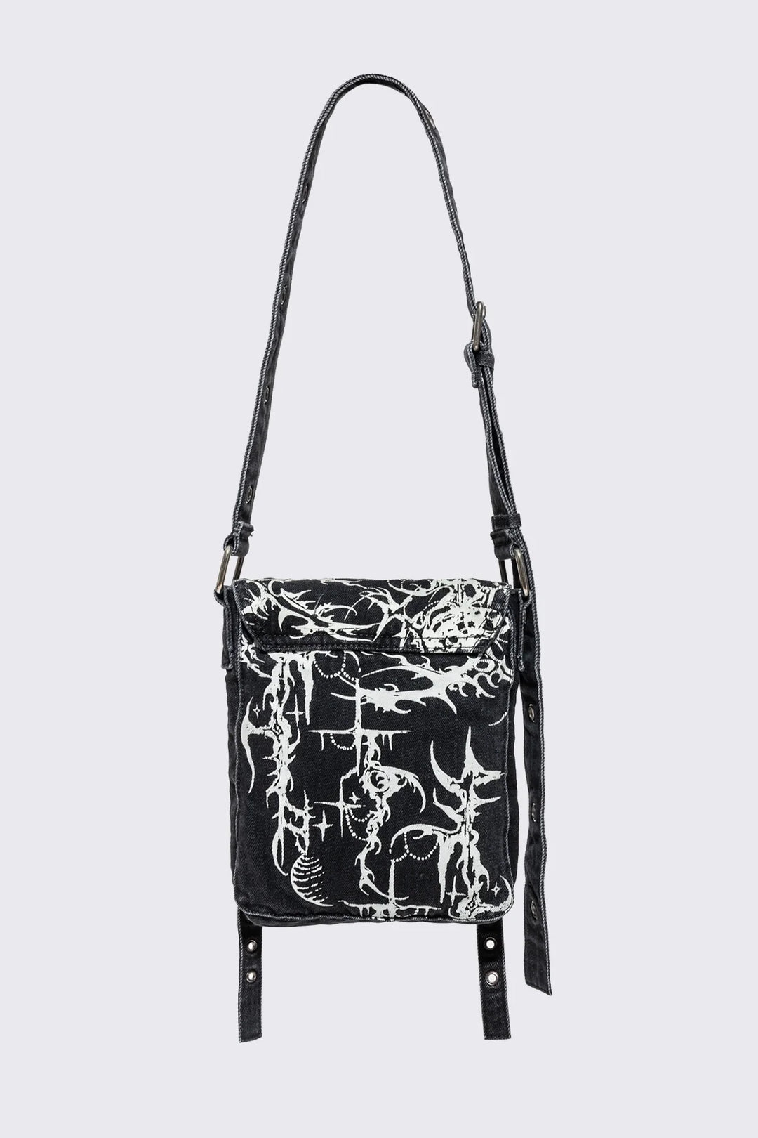 Black Denim Mini Messenger Bag With White Cyber Sigils | Minga London