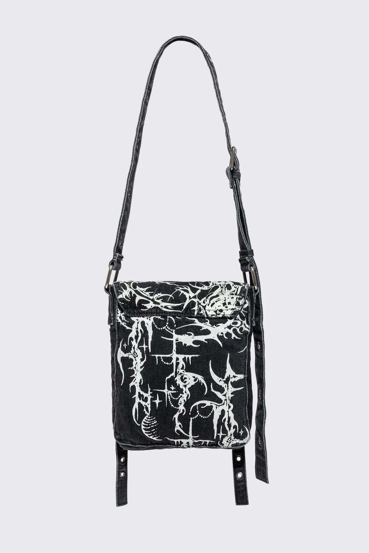 Black Denim Mini Messenger Bag With White Cyber Sigils | Minga