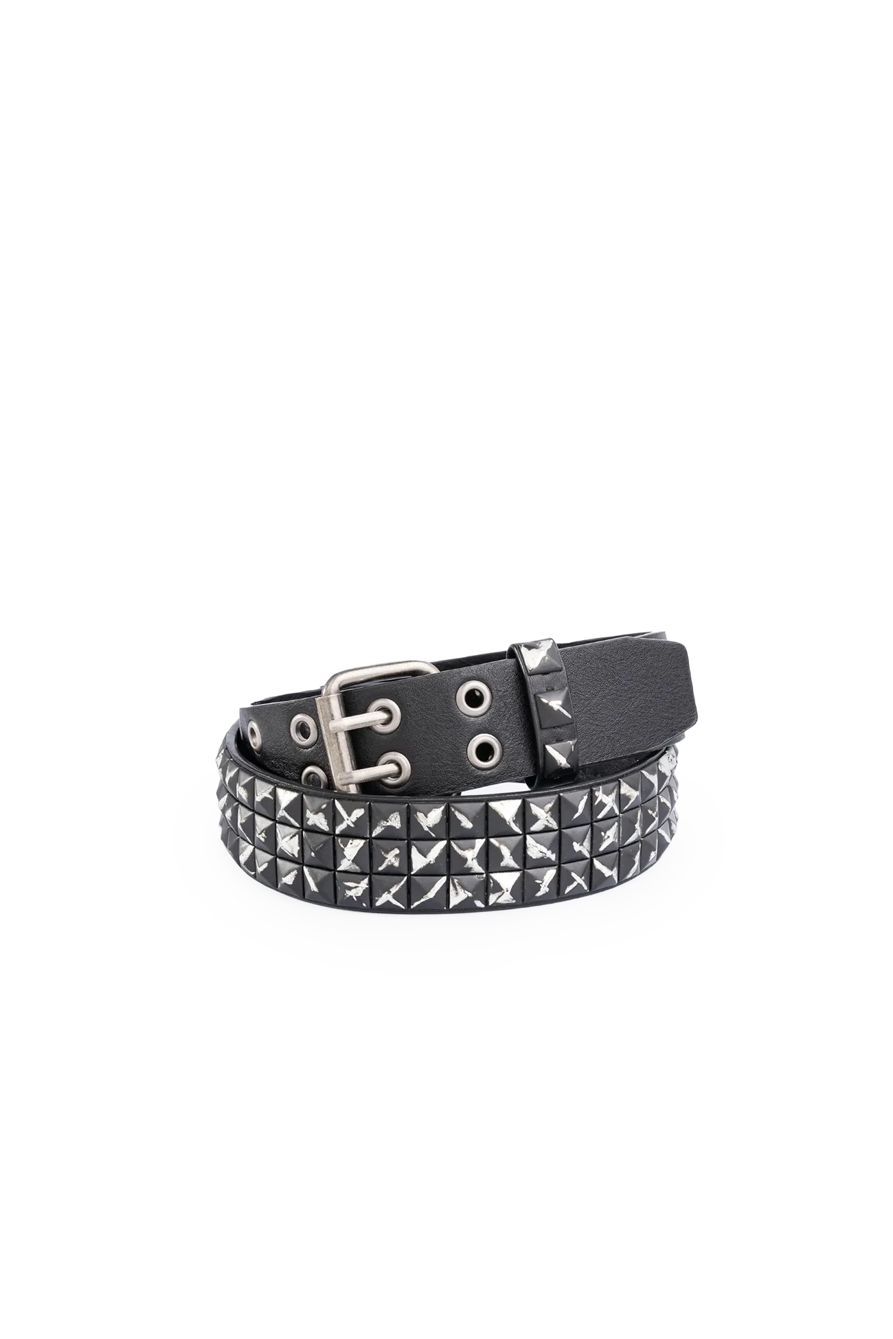 Black vegan leather belt with pyramid studs, square buckle and double keeper in a grunge aesthetic.