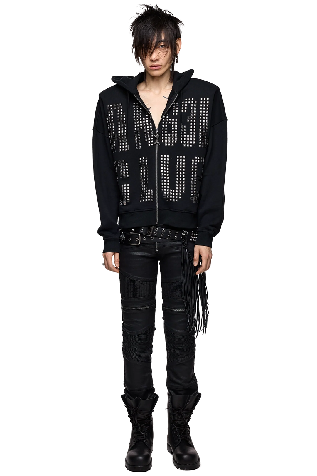 韓国作家MINGLEMINGLE バニーバインダーカバー（black） Black Studded Zip Up Hoodie - Grunge | Minga London