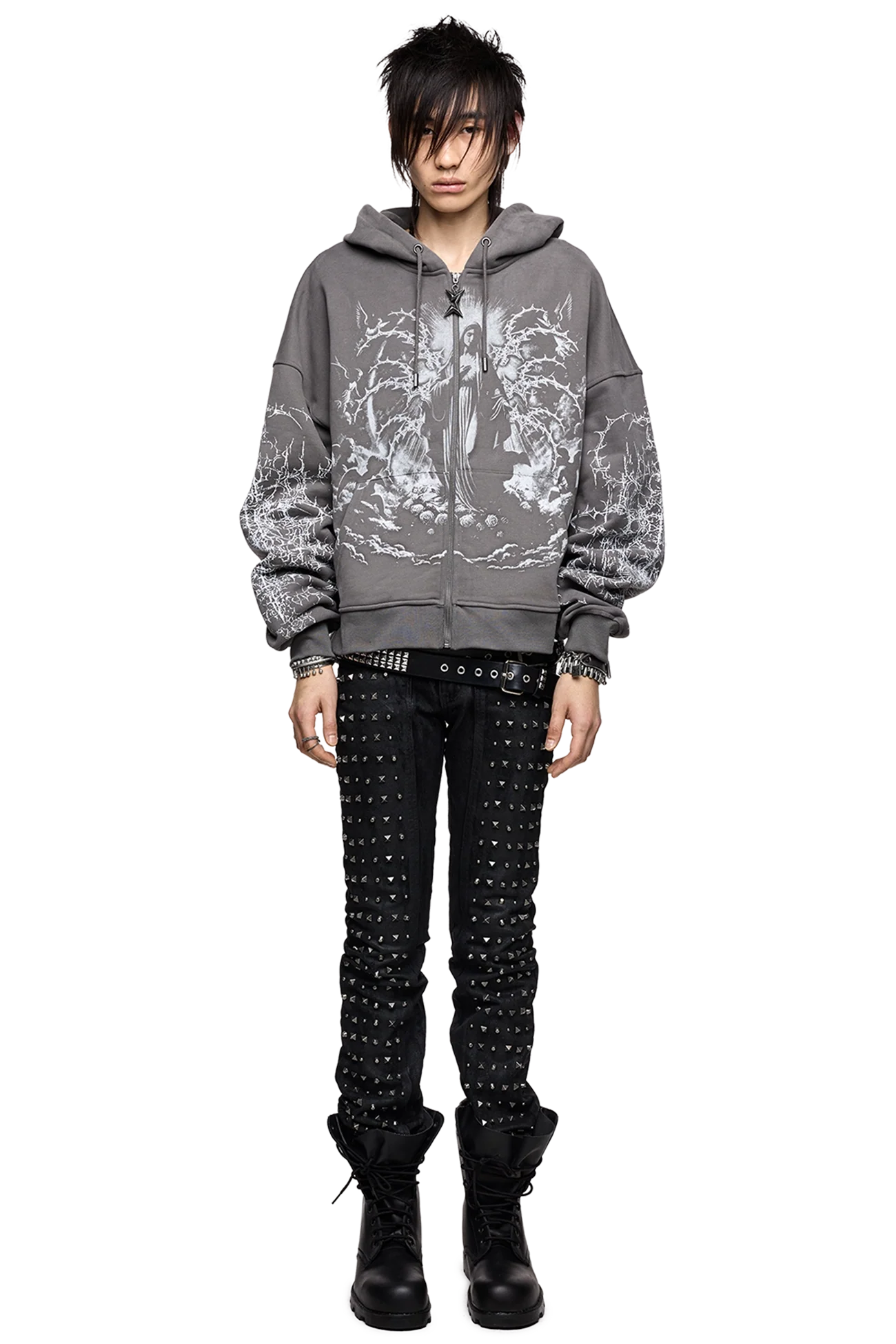 Gray cotton zip up hoodie with sacred figure and thorn prints, oversized grunge fit.