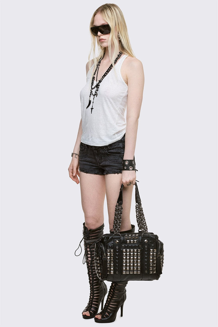 Black Denim Hot Pant with Wash Effect and O-rings | Minga London