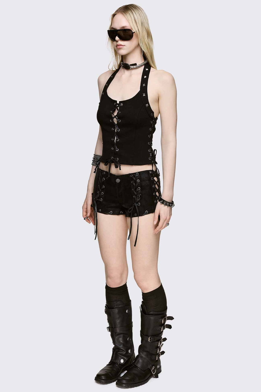 トップス Minga London spikey setup Black Halter Lace-Up Tank Top With Studs | Minga London