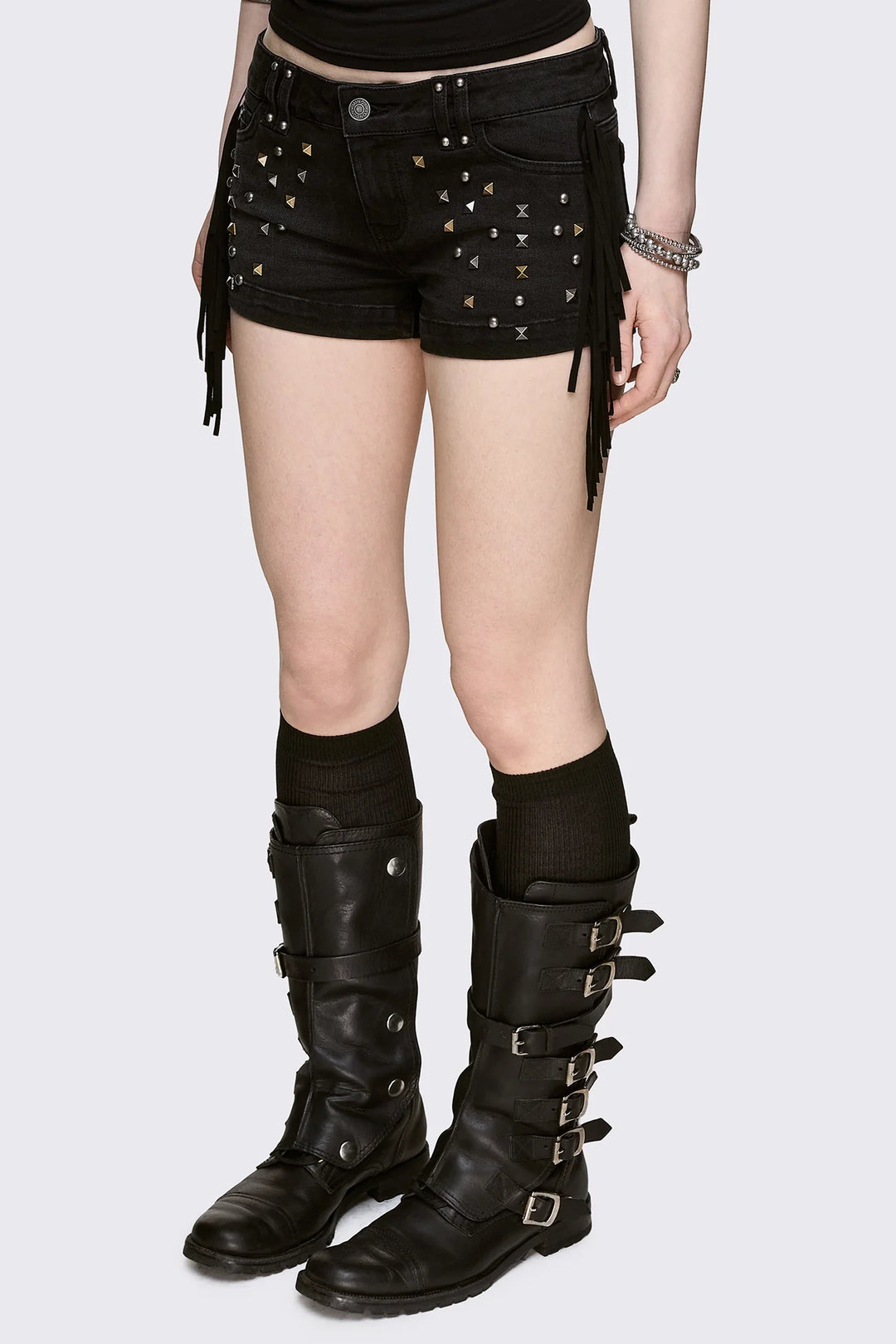 Black Studded Denim Micro Shorts - Grunge | Minga London
