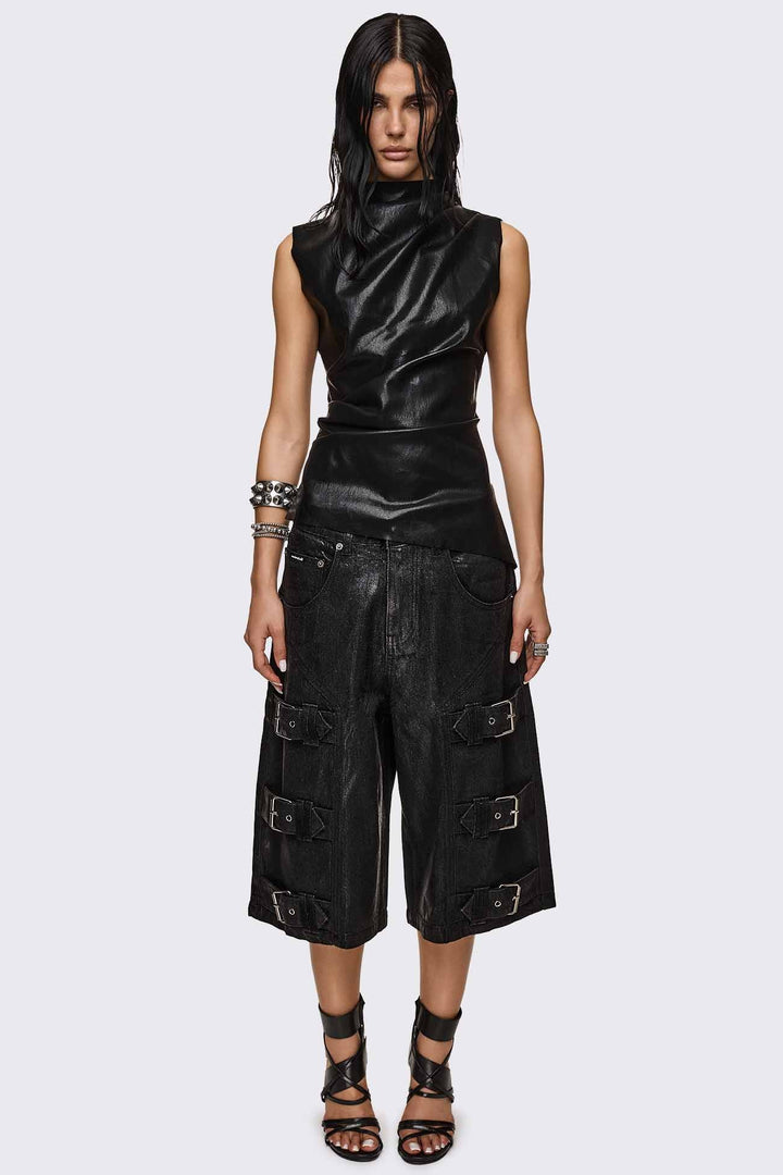 Black Coated Denim Jorts With Buckle Straps | Minga London