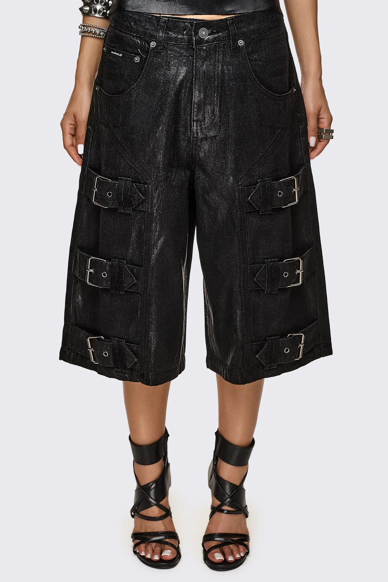 Black Coated Denim Jorts With Buckle Straps | Minga London