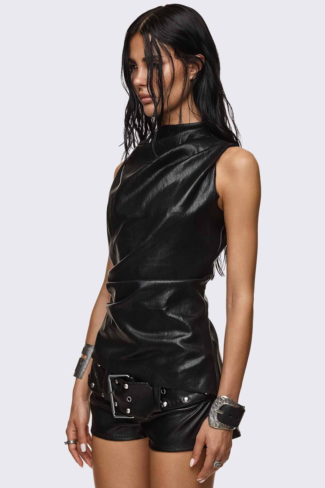 Black Faux Leather Tank Top With Ruched Draping | Minga London