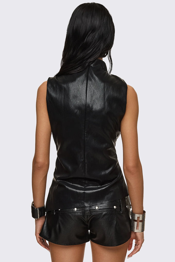 Black Faux Leather Tank Top With Ruched Draping | Minga London