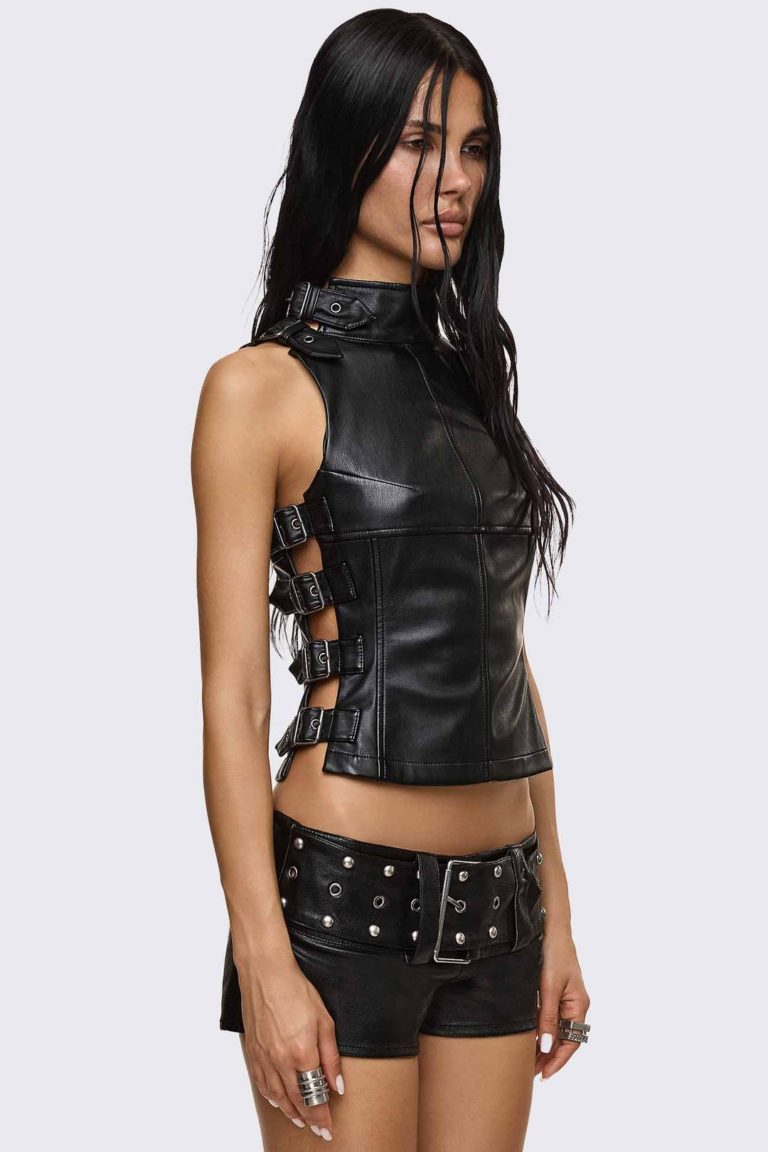 Black Faux Leather Buckle Tank Top | Minga London