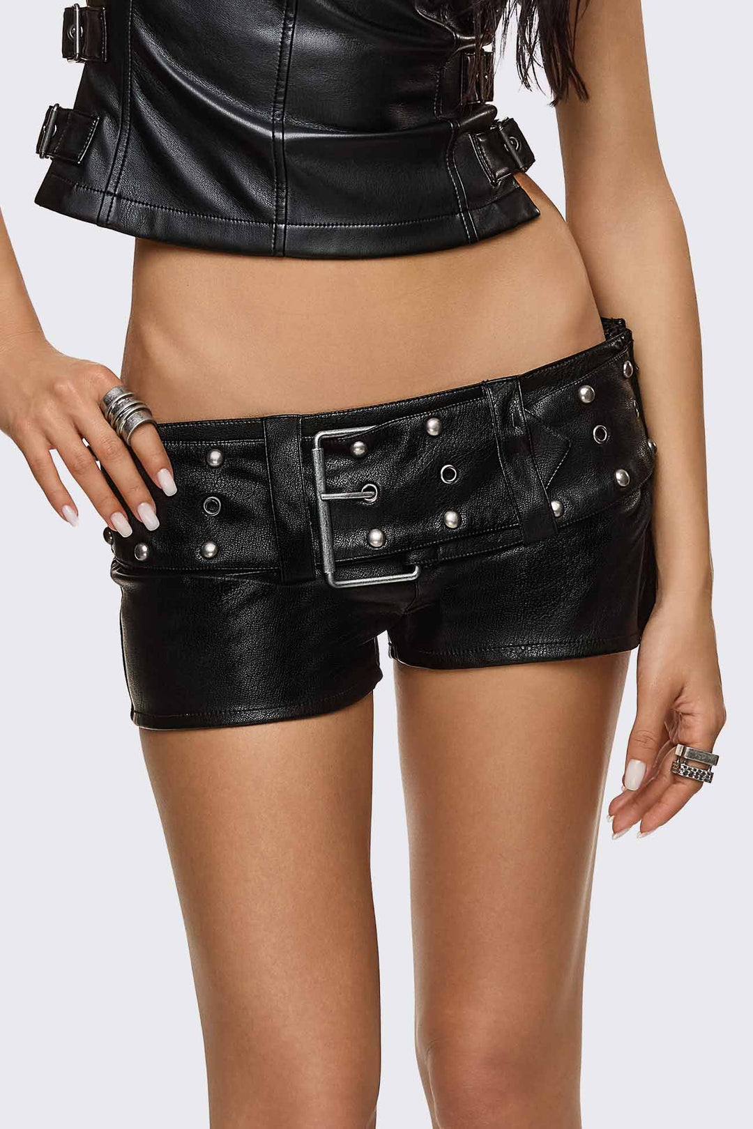 Black Faux Leather Micro Shorts With Studded Belt | Minga London