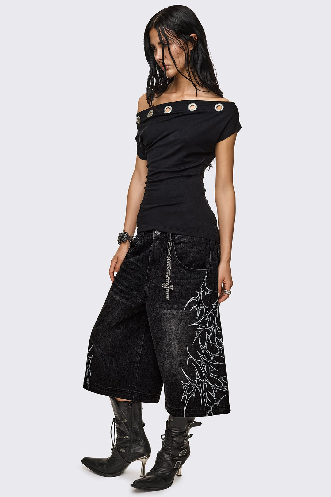 Black Off-Shoulder Eyelet Top - Grunge | Minga London