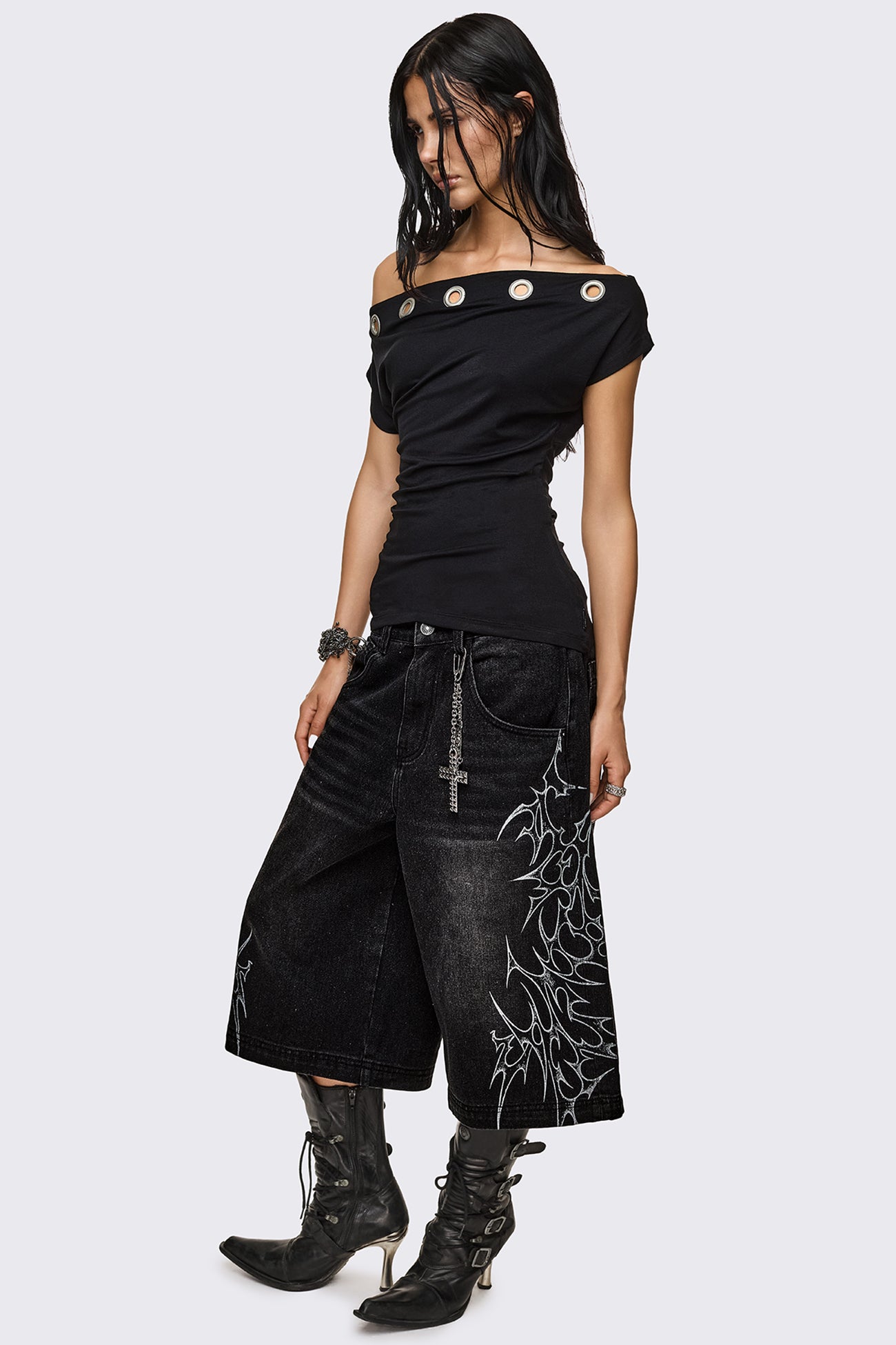 Black Off-Shoulder Eyelet Top - Grunge | Minga London