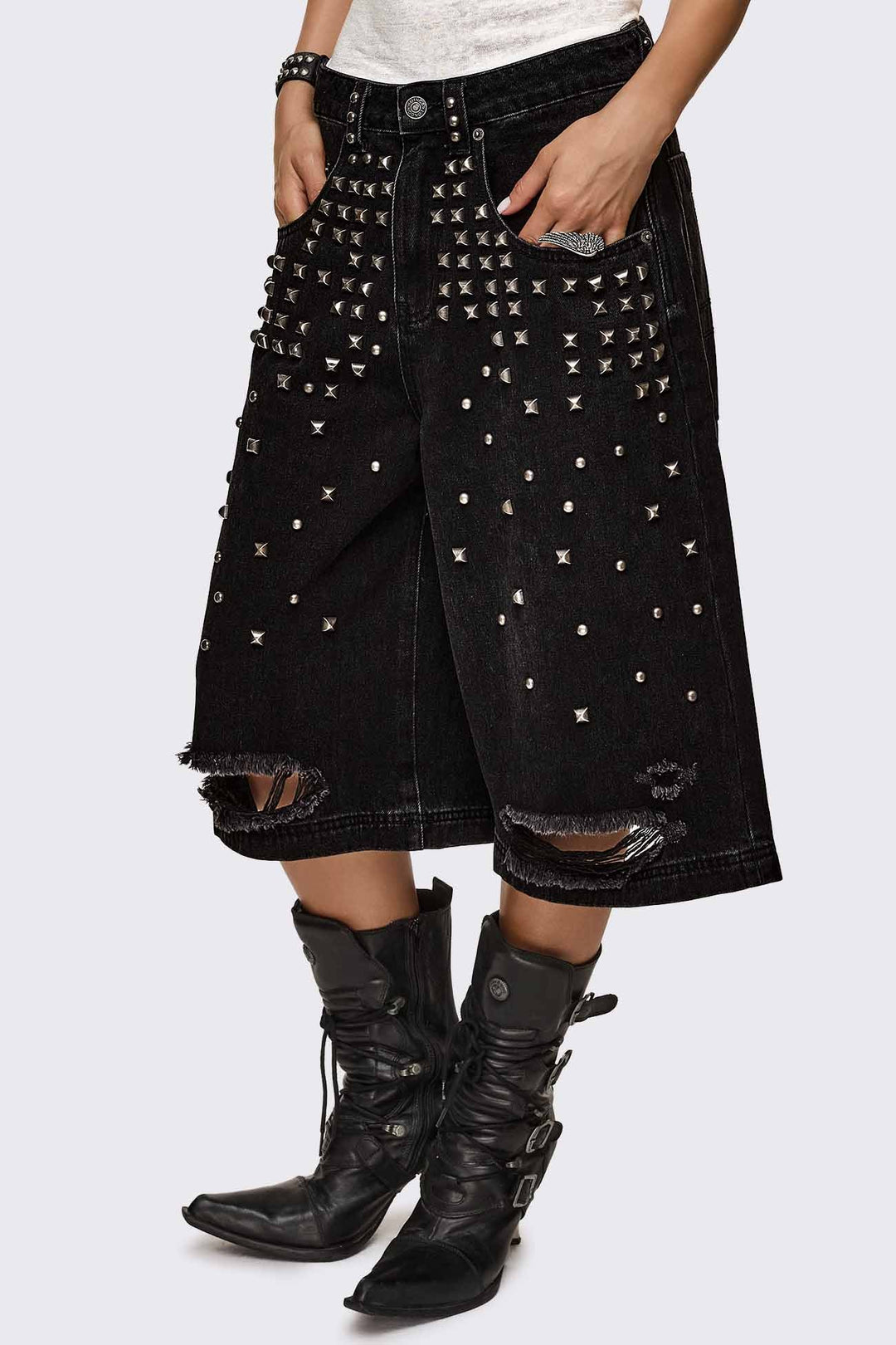 Studded Black Denim Jorts - Grunge | Minga London