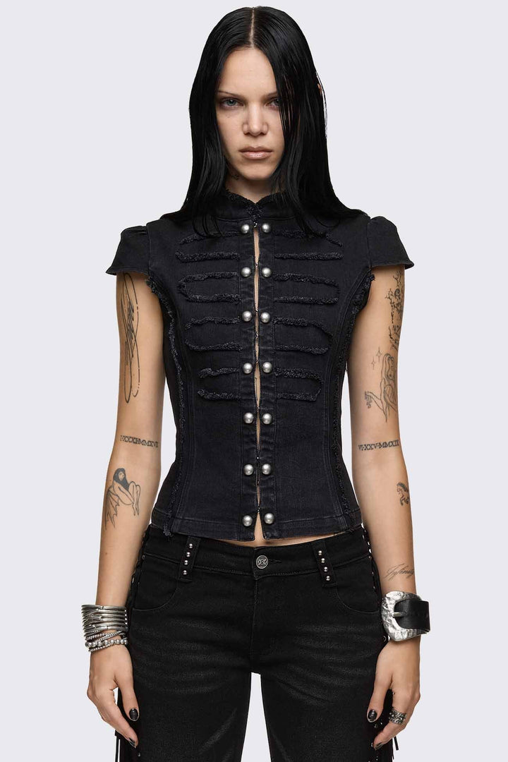 Black Denim Military Top | Minga London