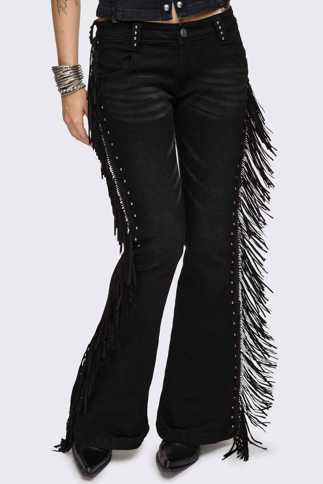 Black Fringe Flared Jeans | Minga London