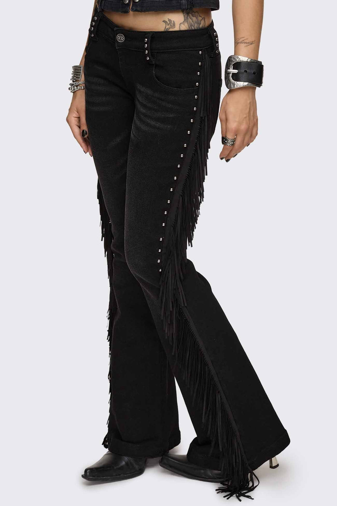 Black Fringe Flared Jeans | Minga London
