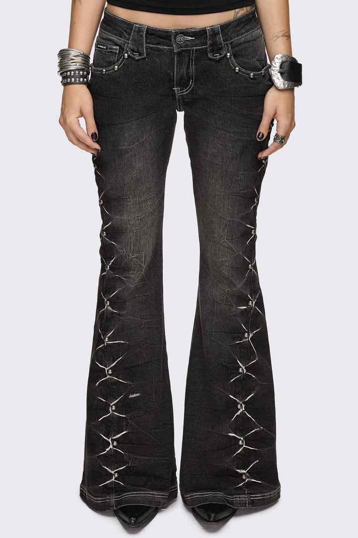 Black Flared Jeans with Stud Detail | Minga London