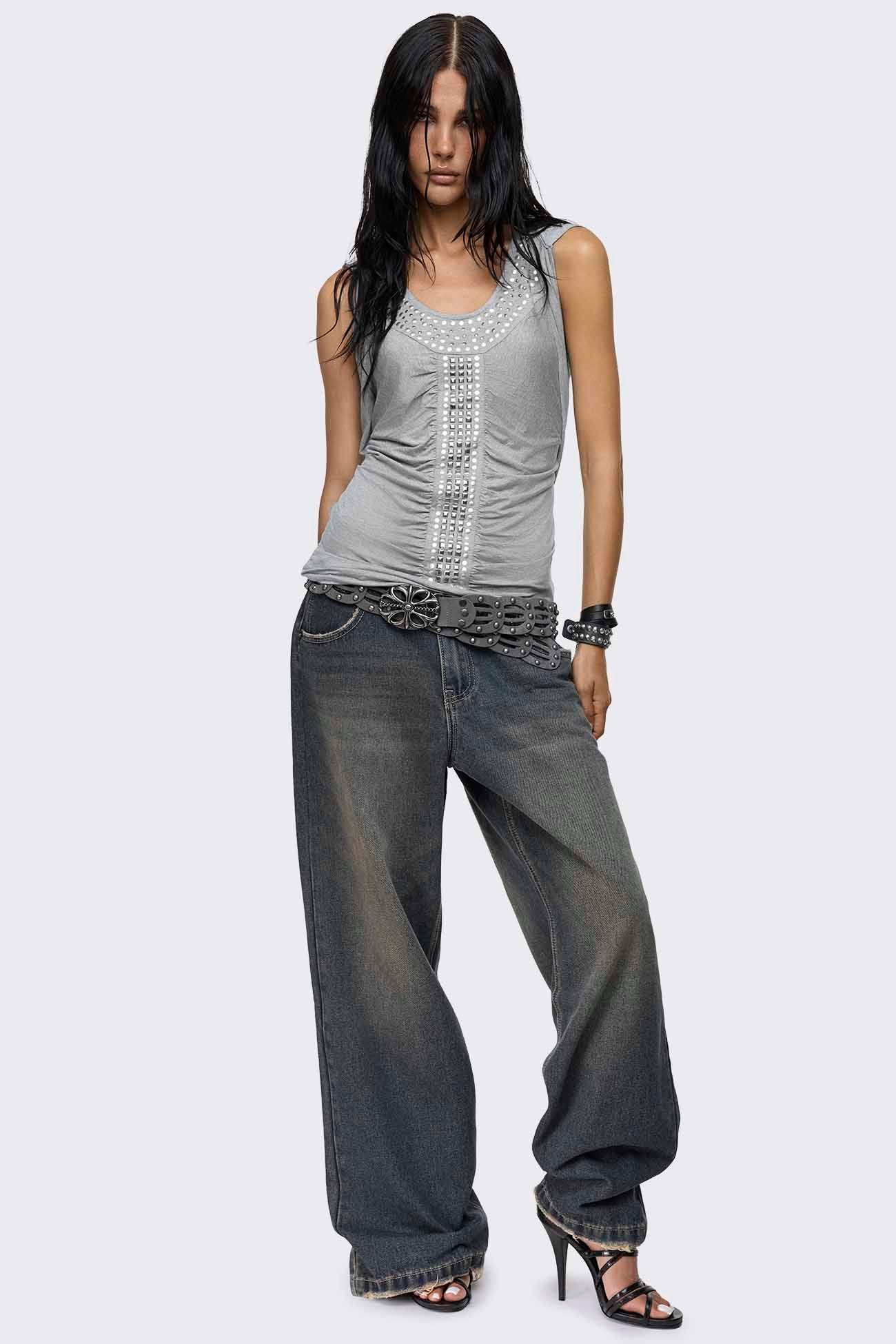 Grey tank top with attached cowl hood, silver stud yoke detail, ruched front trim and sleeveless regular fit.