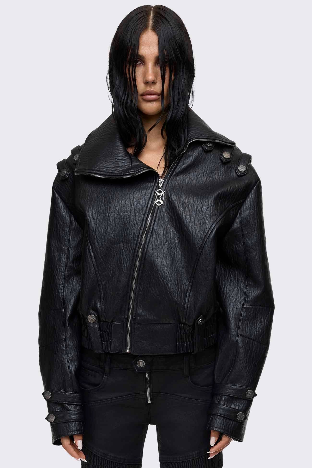 Black faux leather bomber jacket with military shoulder details, wide lapel collar, asymmetric zip and oversized fit.