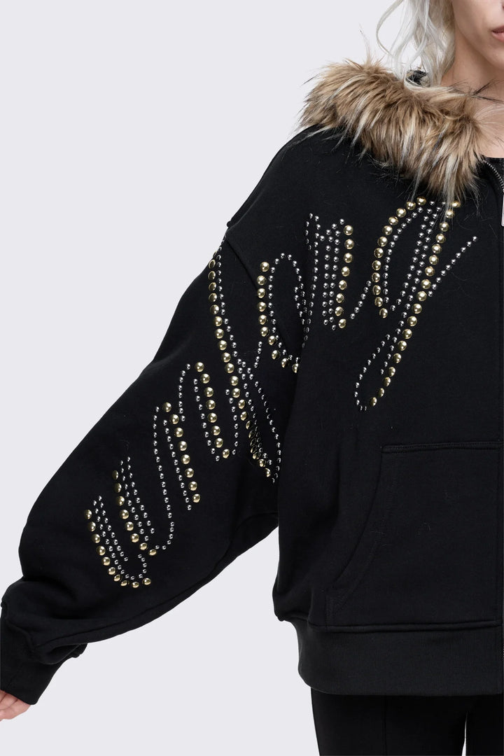 Black Studded Faux Fur Zip Up Hoodie | Minga London