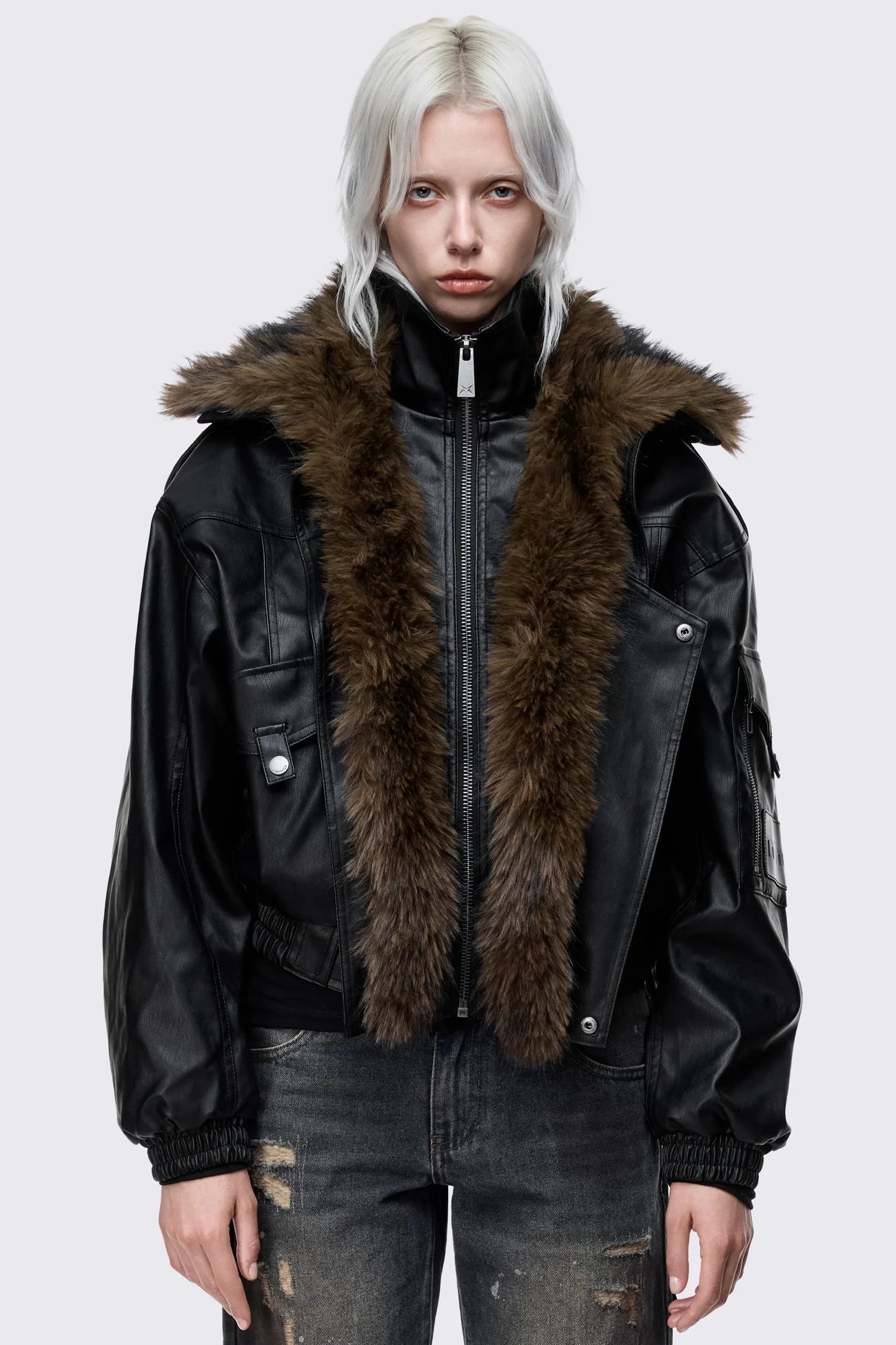 Black faux leather aviator jacket with detachable brown faux fur collar