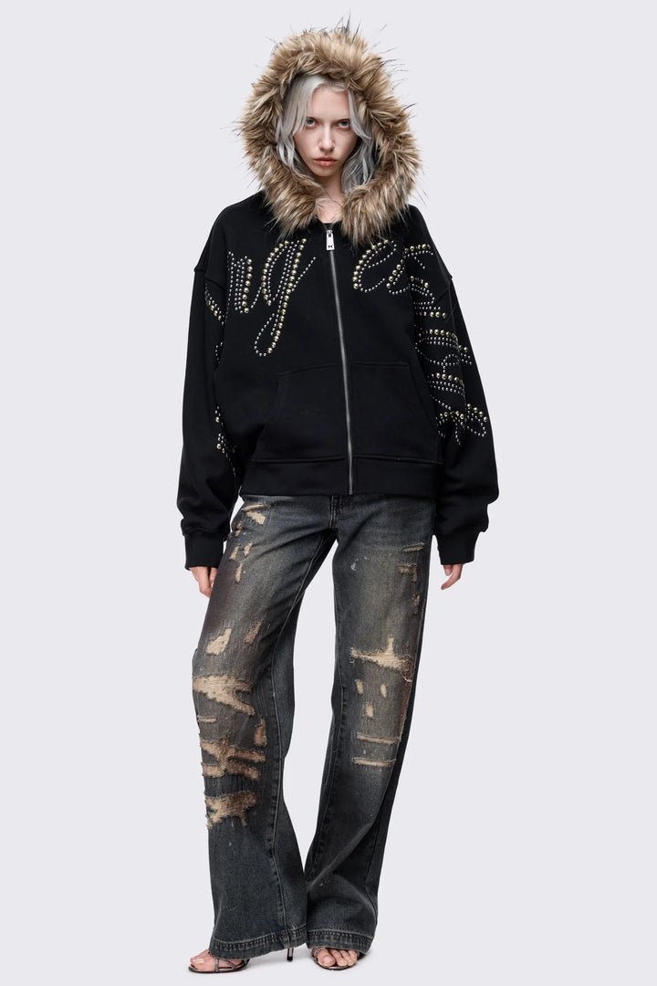 Black Studded Faux Fur Zip Up Hoodie | Minga London