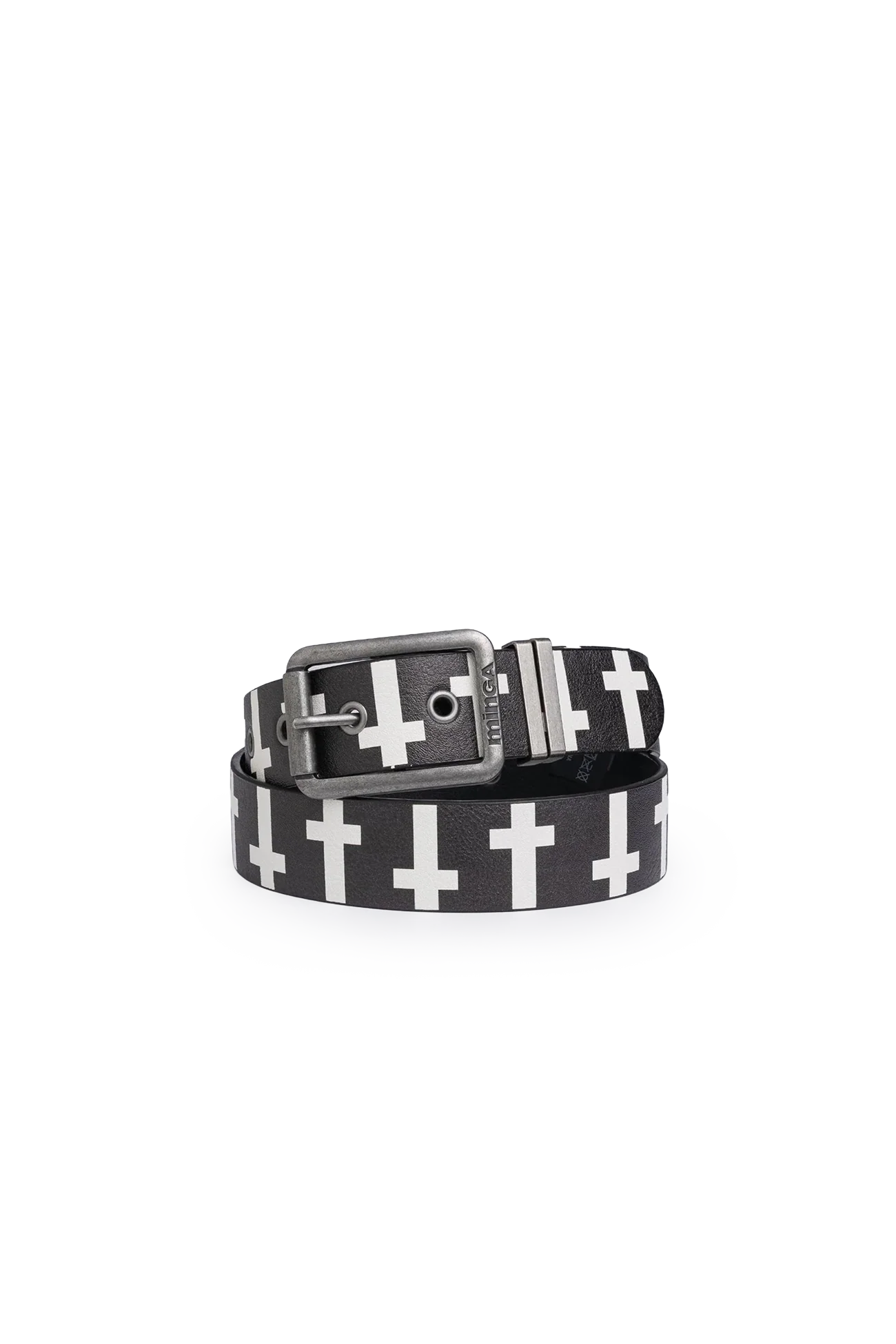 Black vegan leather belt with white cross print and antique-silver square buckle in a goth style.
