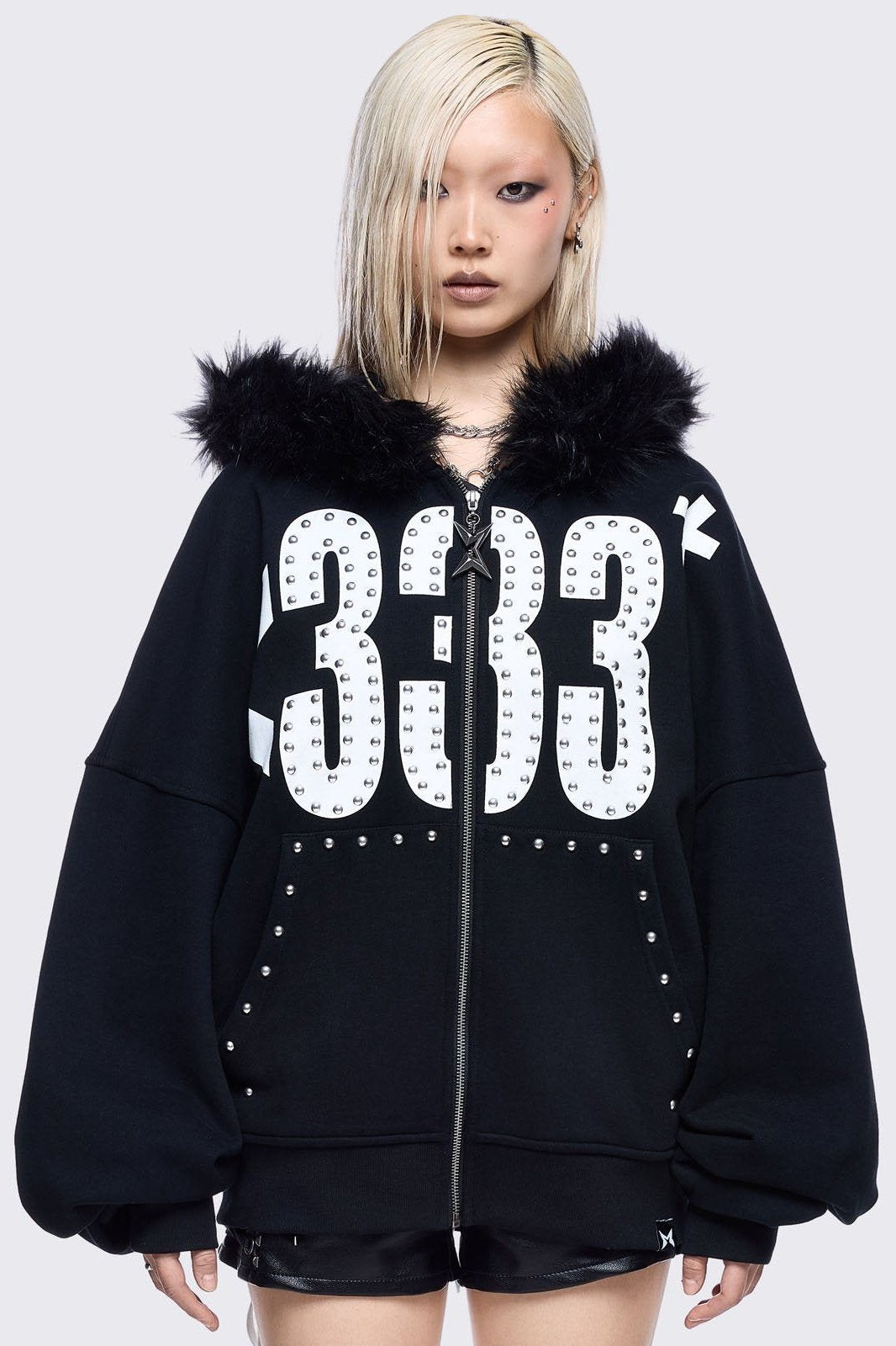 Graphic Zip Up Hoodie with Faux Fur Hood in Black | Minga London