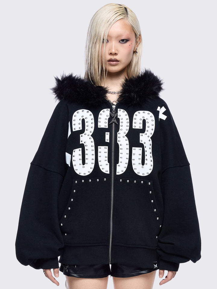 Graphic Zip Up Hoodie with Faux Fur Hood in Black | Minga London