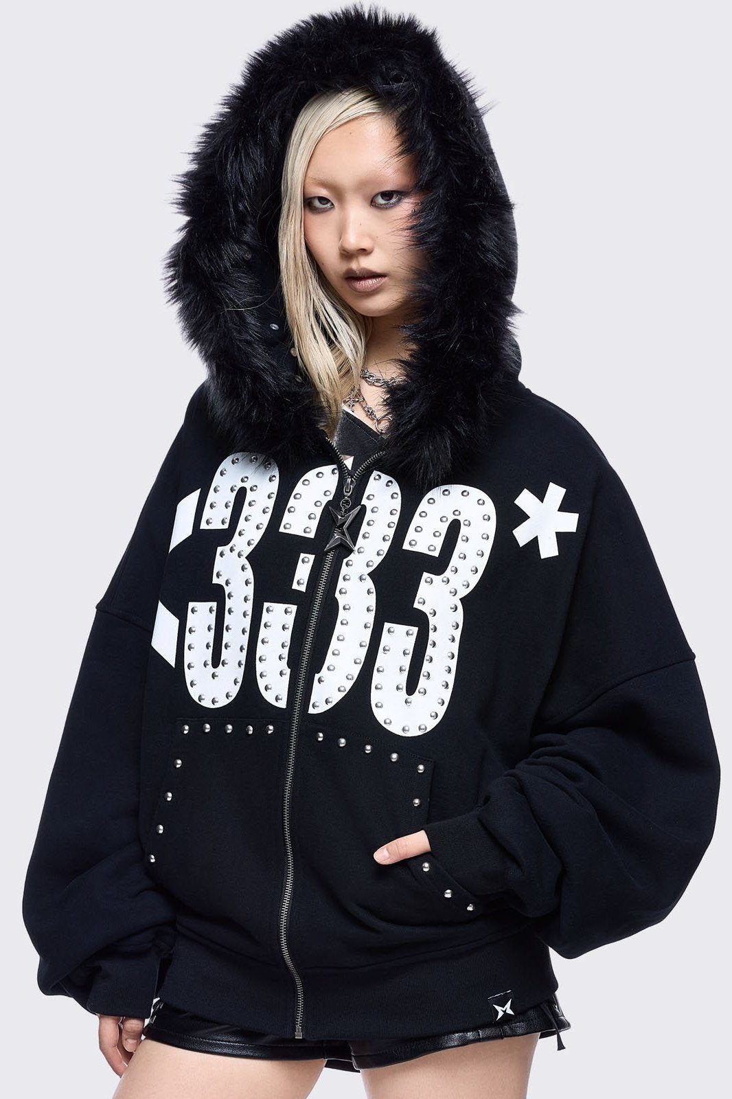 Graphic Zip Up Hoodie with Faux Fur Hood in Black | Minga London