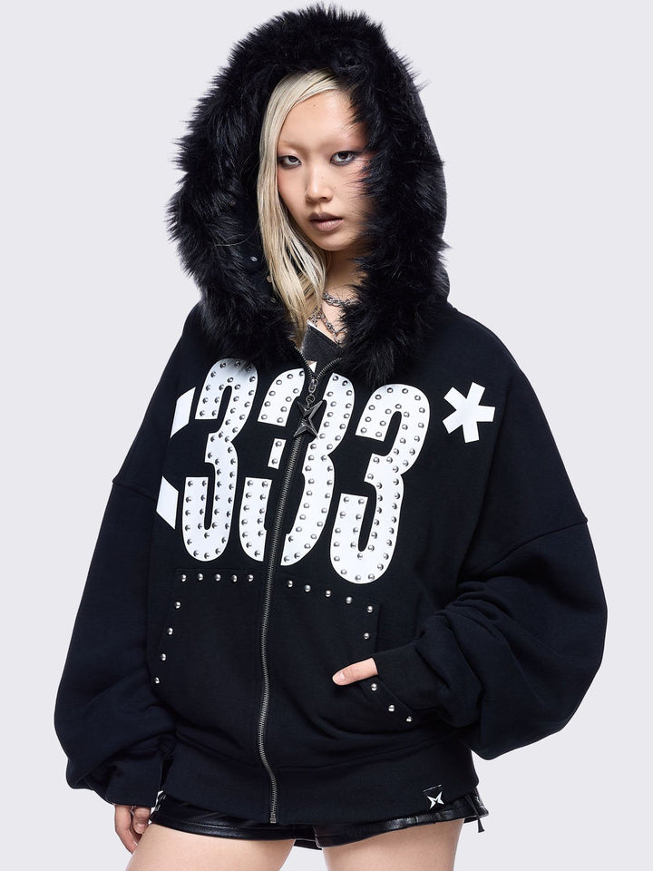 Graphic Zip Up Hoodie with Faux Fur Hood in Black | Minga London