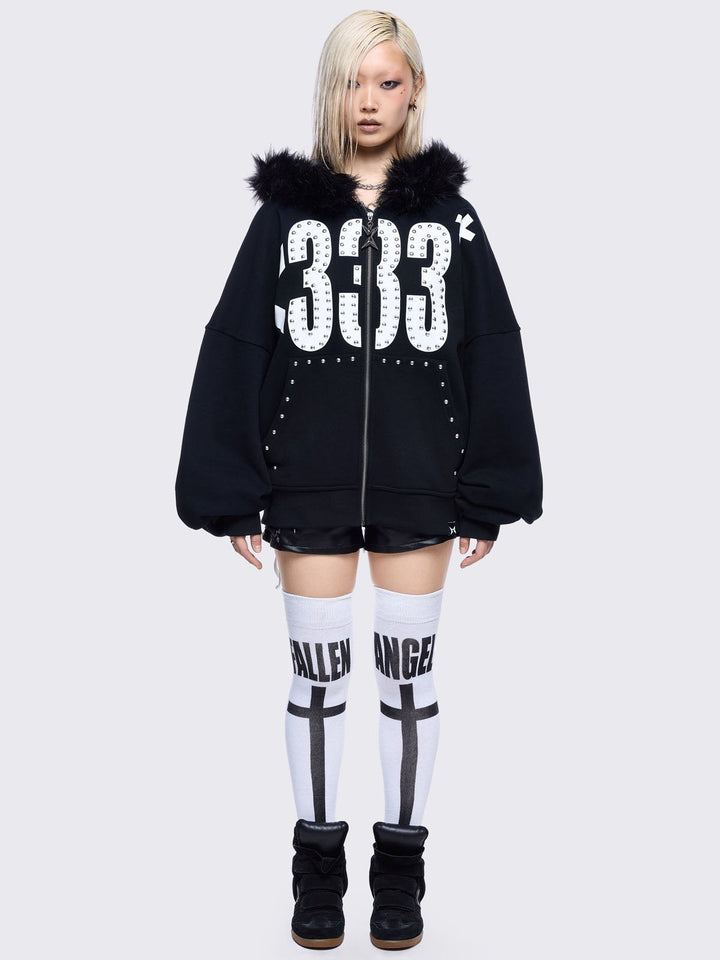 Graphic Zip Up Hoodie with Faux Fur Hood in Black | Minga London