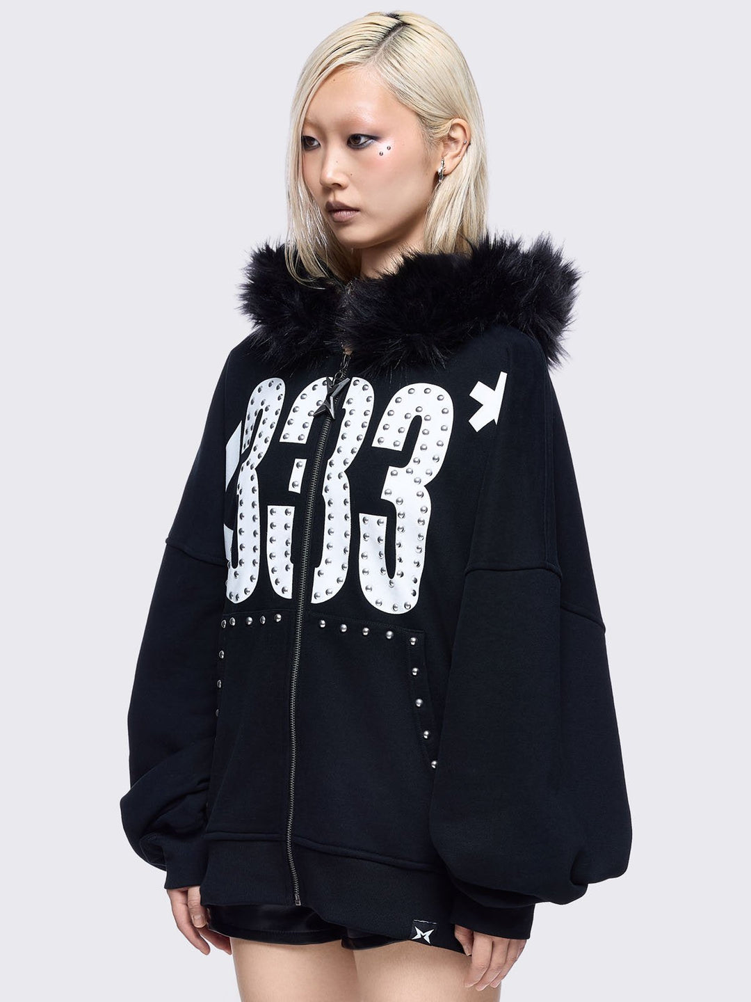 Graphic Zip Up Hoodie with Faux Fur Hood in Black | Minga London