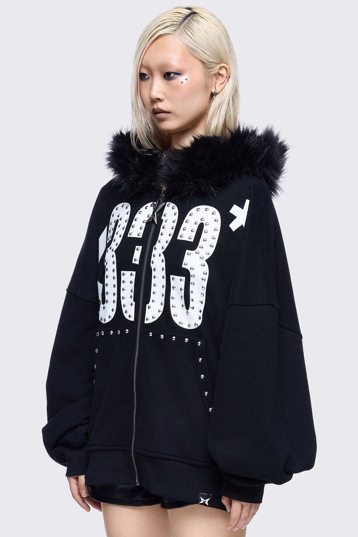 Graphic Zip Up Hoodie with Faux Fur Hood in Black | Minga London Graphic Zip Up Hoodie with Faux Fur Hood in Black | Minga London