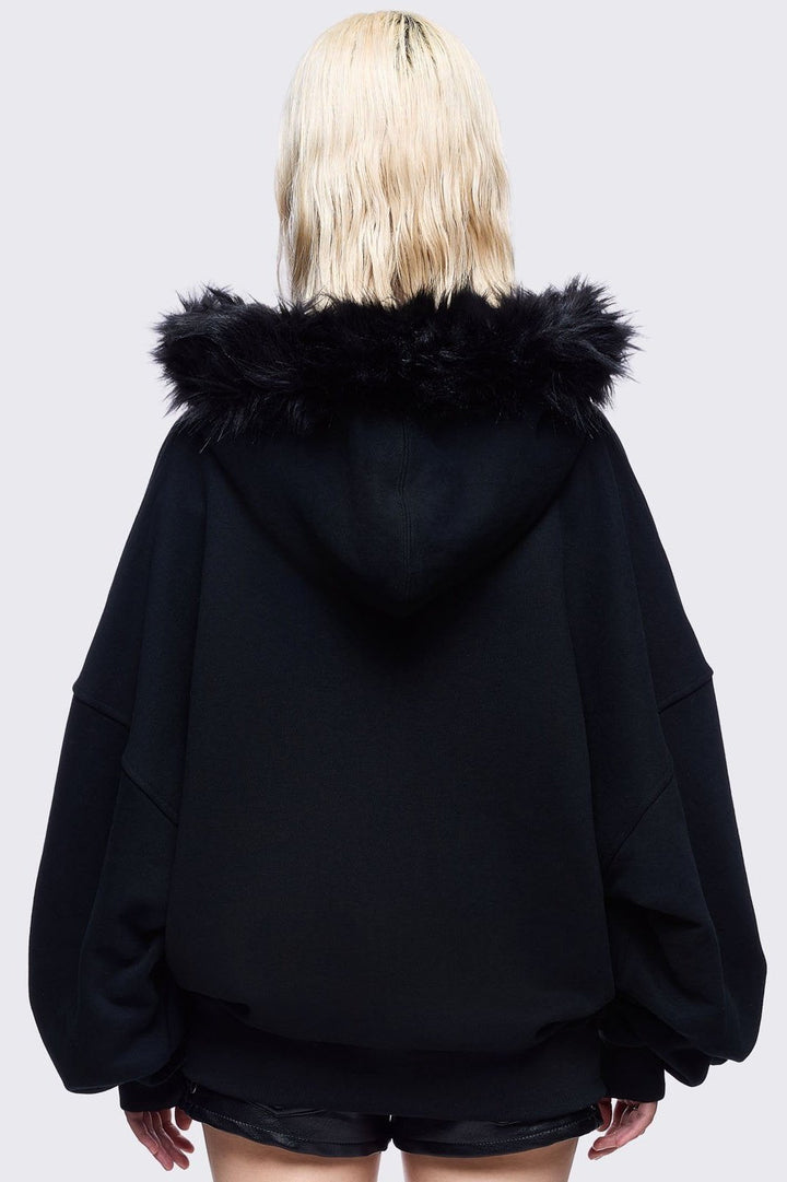 Graphic Zip Up Hoodie with Faux Fur Hood in Black | Minga London